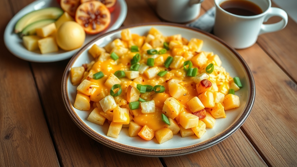A delicious cheesy potato and egg scramble served on a plate, garnished with green onions, accompanied by fruit and coffee on a wooden table.